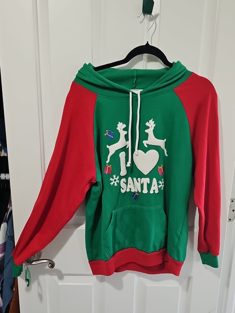 Women's Size Large I Love Santa Green & Red Holiday Hoodie Sweatshirt NWT